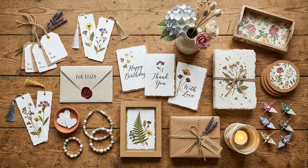 Bonus 3: A spread of 15 finished handmade paper projects including cards, envelopes, gift tags, and seed paper favors