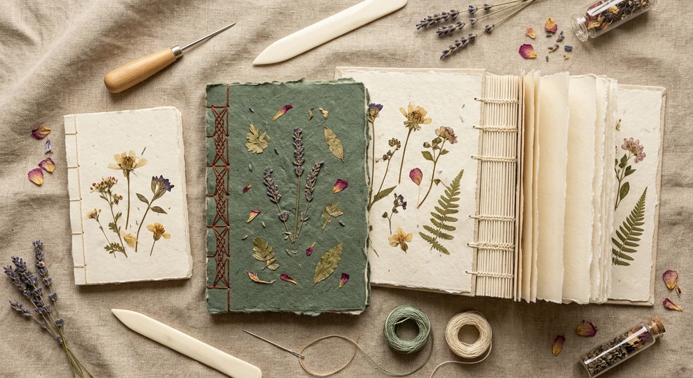 Bonus 4: A handmade hand-stitched journal bound from handmade paper showing visible binding thread and deckled pages
