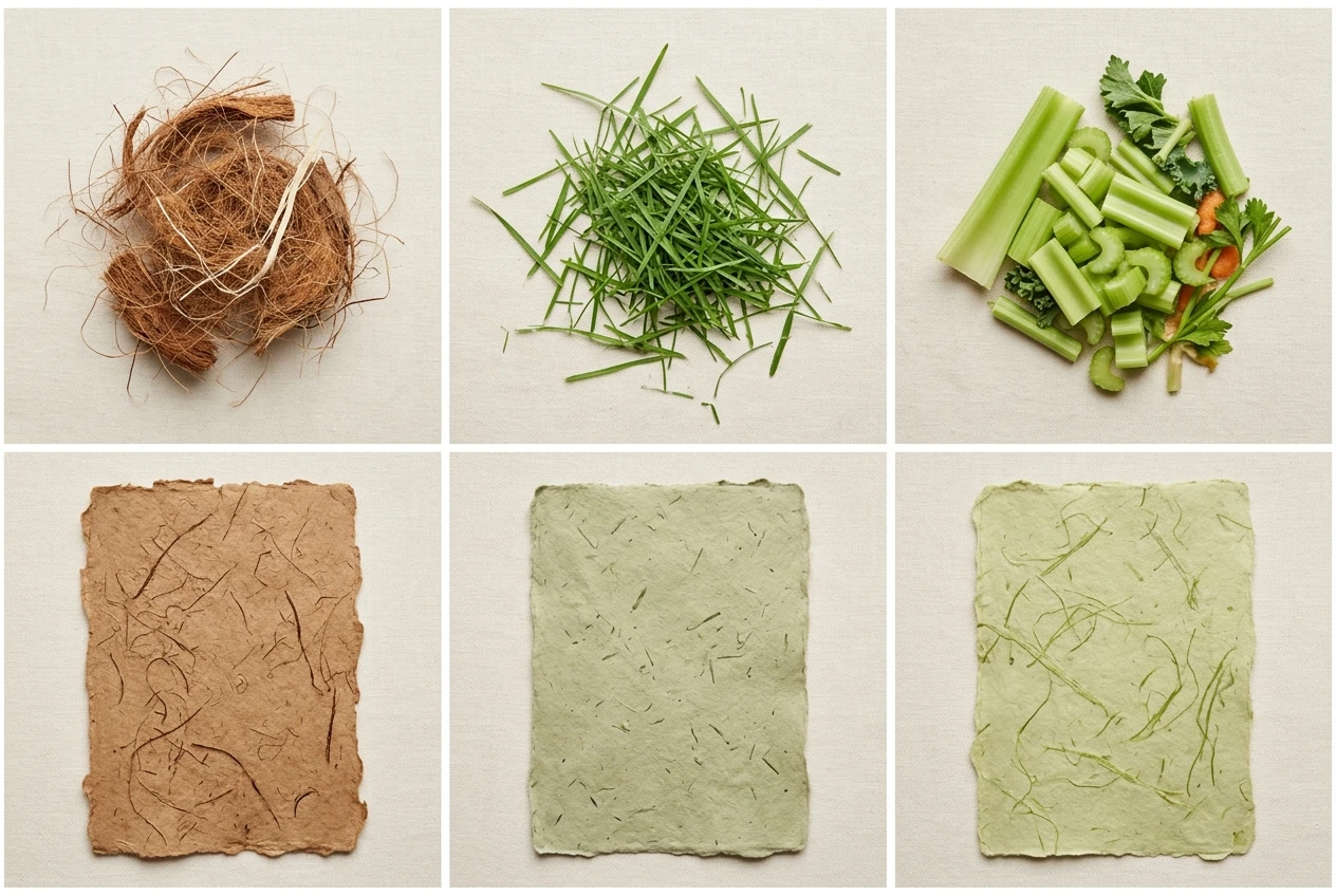Before and after collage: coconut husk fibers, grass clippings, and celery scraps on top, finished handmade paper made from each material on the bottom