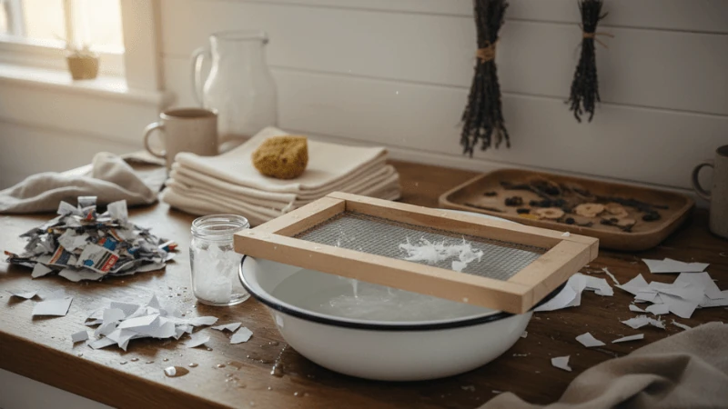 Module 1: Mould and deckle in water basin with papermaking supplies