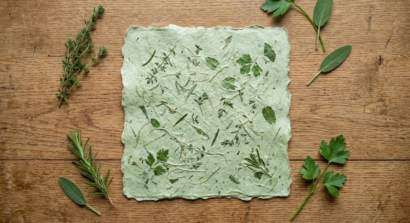 Handmade paper made with garden herbs and green organic materials